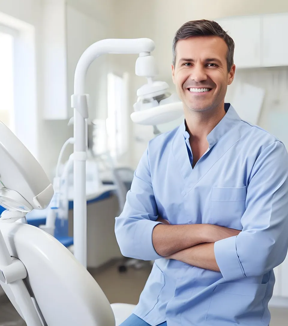 A smiling dentist in blue scrubs stands with folded arms beside a dental chair